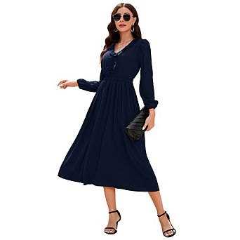 Women's Ruffle Trim V Neck Long Sleeve Solid Bohemian Casual High Waist Pleated Maxi Party Dress