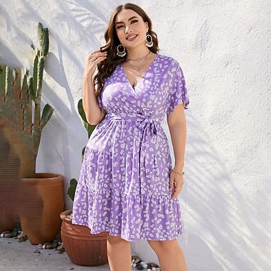 Women's V Neck Wrap High Waist Short Sleeve Ruffle Casual Summer Midi Dress