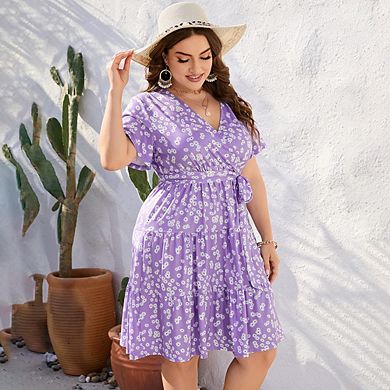 Women's V Neck Wrap High Waist Short Sleeve Ruffle Casual Summer Midi Dress