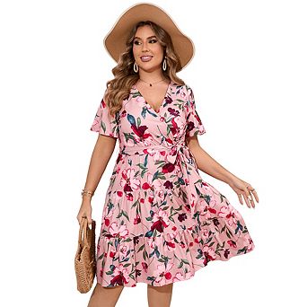 Women's V Neck Wrap High Waist Short Sleeve Ruffle Casual Summer Midi Dress