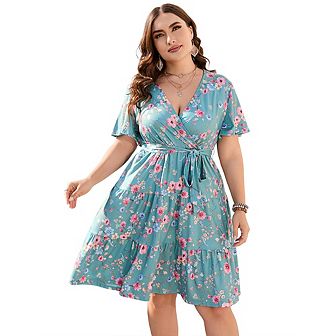 Women's V Neck Wrap High Waist Short Sleeve Ruffle Casual Summer Midi Dress