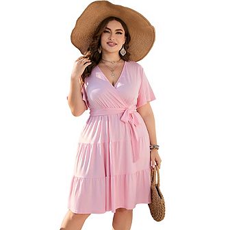 Women's V Neck Wrap High Waist Short Sleeve Ruffle Casual Summer Midi Dress