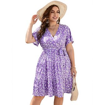 Women's V Neck Wrap High Waist Short Sleeve Ruffle Casual Summer Midi Dress