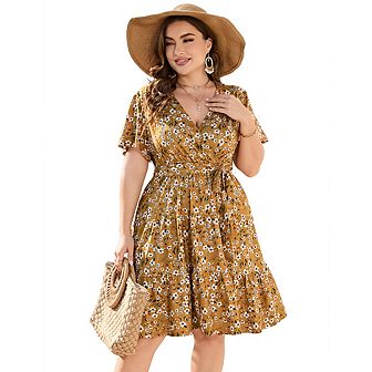 Women's V Neck Wrap High Waist Short Sleeve Ruffle Casual Summer Midi Dress