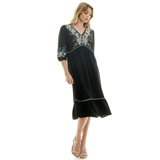 formal peasant dress Marie-Thérèse Peasant Dress with Short Sleeves in Black Poly Crepe