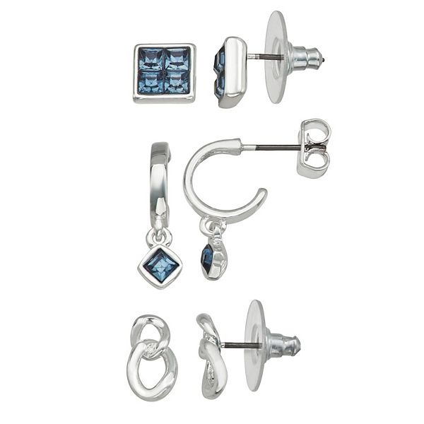 Nine West Silver Tone Blue Stone Stud & Hoop Earring Set - Blue