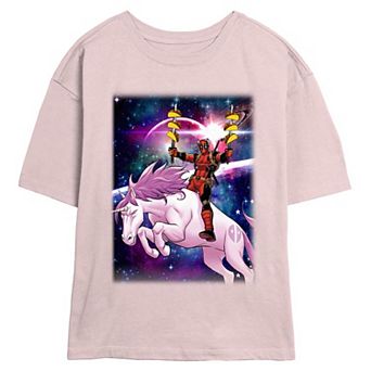 Juniors' Marvel Deadpool Pink Unicorn Ride Skimmer Graphic Tee