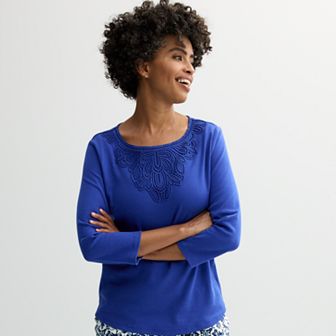 Petite Croft & Barrow® Lace Round Neck Top