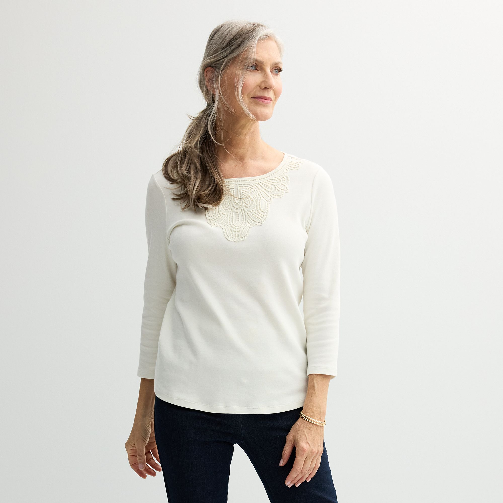 Petite Croft & Barrow® Lace Round Neck Top, Womens, Size: XL Petite, Ivor