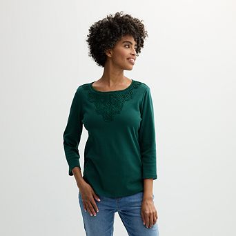Petite Croft & Barrow® Lace Round Neck Top