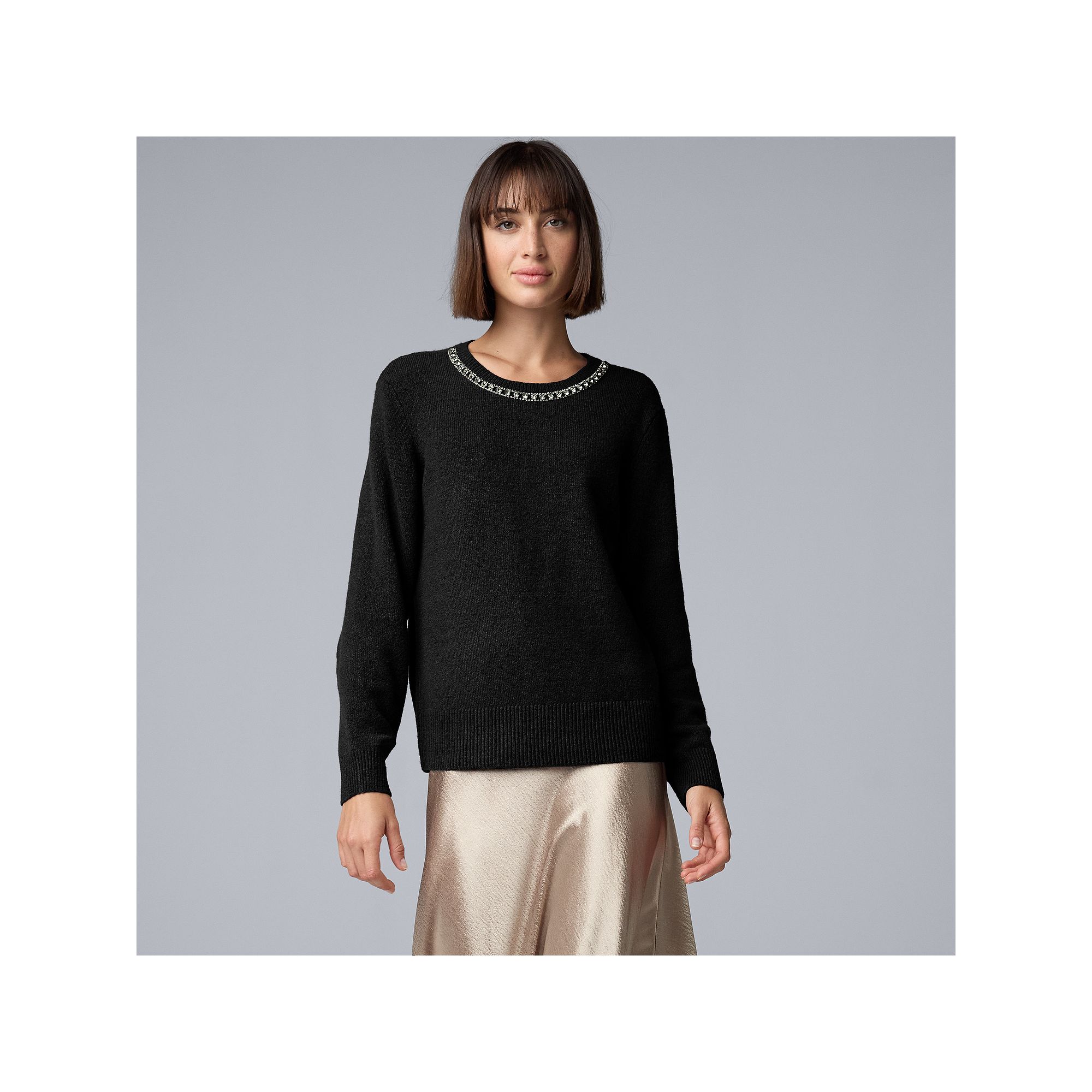 Womens Simply Vera Vera Wang Necklace Embellished Sweater, Size: XS, Black