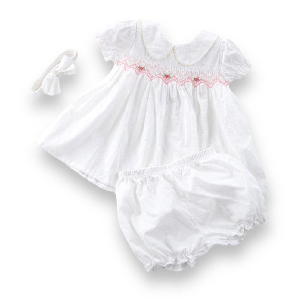 Petit Bebe Girls White Poplin Bianca Smocked Dress - Ruffle Collar main image 0