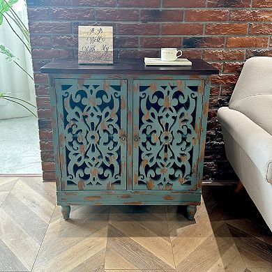 Ehemco Rustic Accent Distressed Cabinet With 2 Doors With Dual Storage Shelf For Living Room, Teal