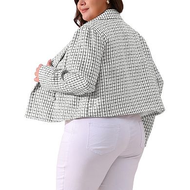 Plus Size Plaid Tweed Blazers For Women Lapel Long Sleeve Office Crop Jacket