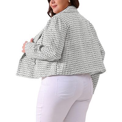 Plus Size Plaid Tweed Blazers for Women Lapel Long Sleeve Office