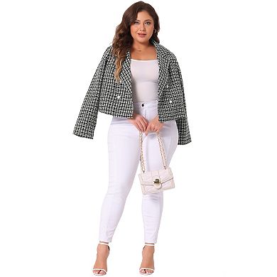 Plus Size Plaid Tweed Blazers For Women Lapel Long Sleeve Office Crop Jacket