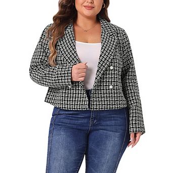 Plus Size Plaid Tweed Blazers for Women Lapel Long Sleeve Office Crop Jacket
