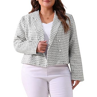 Plus Size Plaid Tweed Blazers for Women Lapel Long Sleeve Office Crop Jacket