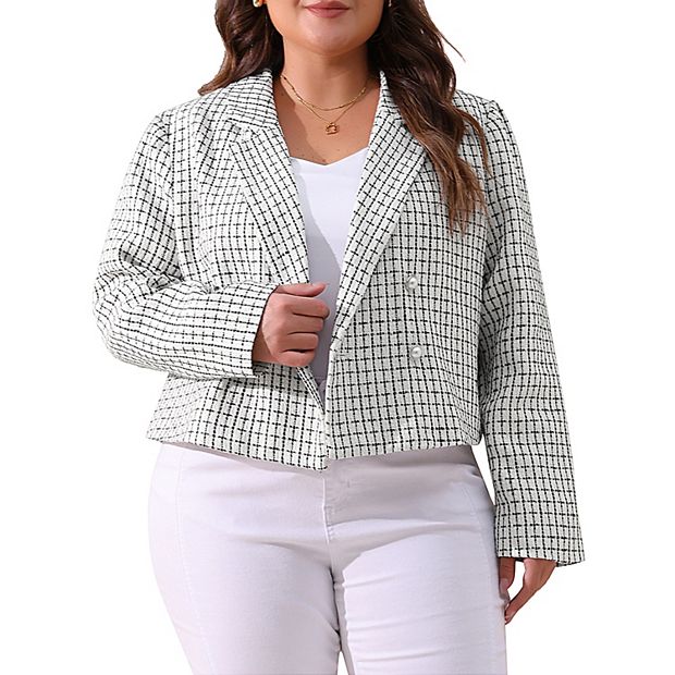 Plus Size Plaid Tweed Blazers For Women Lapel Long Sleeve Office