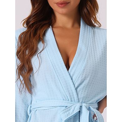 Womens Waffle Bathrobe Soft Kimono Spa And Bath Mid-length Robes