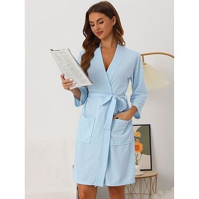 Womens Waffle Bathrobe Soft Kimono Spa And Bath Mid-length Robes