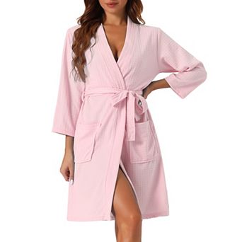 Womens Waffle Bathrobe Soft Kimono Spa And Bath Mid-length Robes