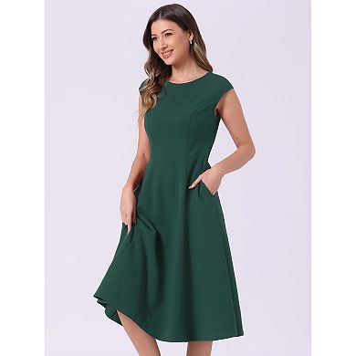 Work Office Dress for Women's Cap Sleeve Elegant Cinched Waist a Line Dress