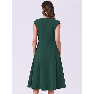 Work Office Dress for Women's Cap Sleeve Elegant Cinched Waist a Line Dress