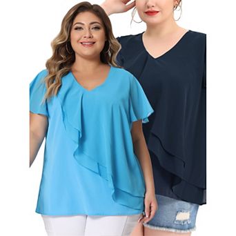 Women's Plus Size Ruffled Sleeve V Neck Multi-layered Top Blouses