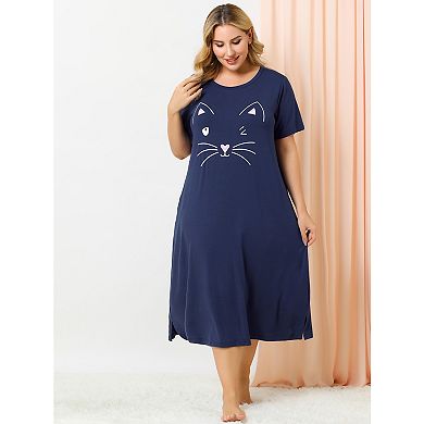 Women's Plus Size Comfy Pajamas Cute Moggy Print Side Pocket Nightgown