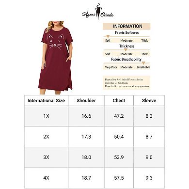 Women's Plus Size Comfy Pajamas Cute Moggy Print Side Pocket Nightgown