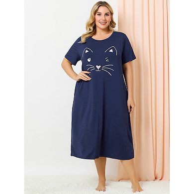 Women's Plus Size Comfy Pajamas Cute Moggy Print Side Pocket Nightgown