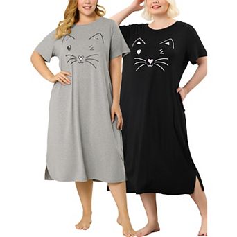 Women's Plus Size Comfy Pajamas Cute Moggy Print Side Pocket Nightgown