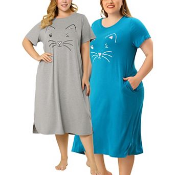 Women's Plus Size Comfy Pajamas Cute Moggy Print Side Pocket Nightgown