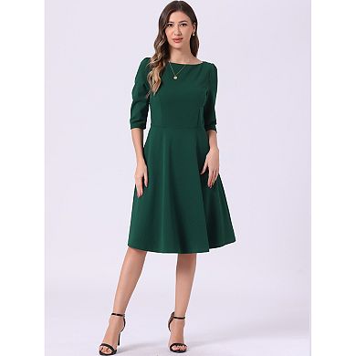 Wear to Work Dress for Women's Boat Neck Short Sleeves Midi Flared Office Dresses