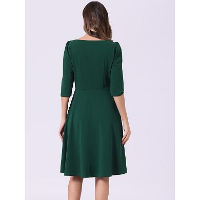 Wear to Work Dress for Women's Boat Neck Short Sleeves Midi Flared Office Dresses
