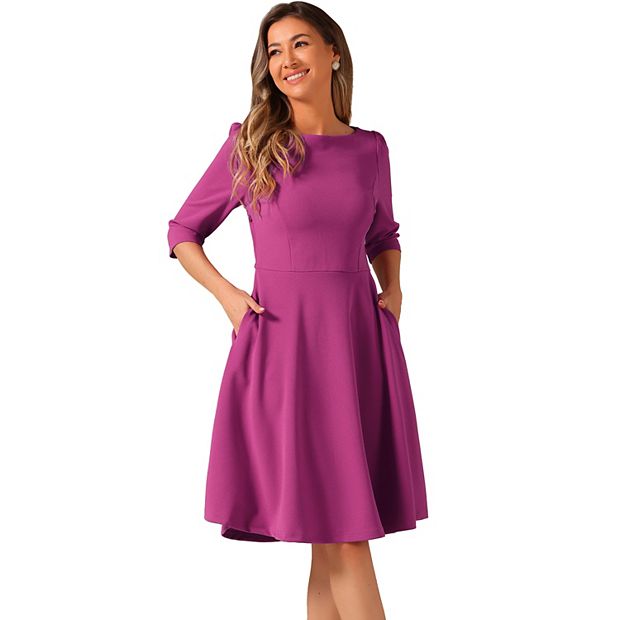Wear to Work Dress for Women's Boat Neck Short Sleeves Midi Flared Office  Dresses