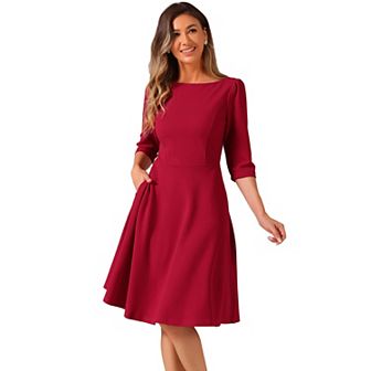 Wear To Work Dress For Women's Boat Neck Short Sleeves Midi Flared Office Dresses