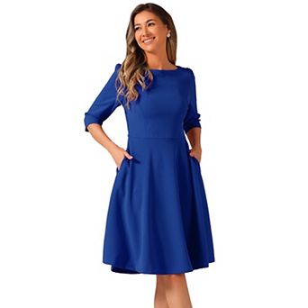 Wear To Work Dress For Women's Boat Neck Short Sleeves Midi Flared Office Dresses