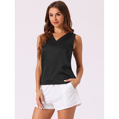 Womens Silky Satin Tank Tops Mesh V Neck Casual Sleeveless Blouses Summer Basic Tank Shirt