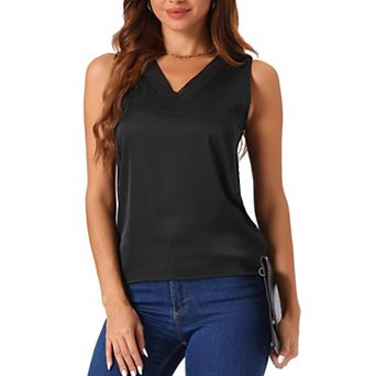 Womens Silky Satin Tank Tops Mesh V Neck Casual Sleeveless Blouses Summer Basic Tank Shirt