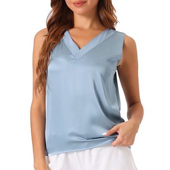 Womens Silky Satin Tank Tops Mesh V Neck Casual Sleeveless Blouses Summer Basic Tank Shirt