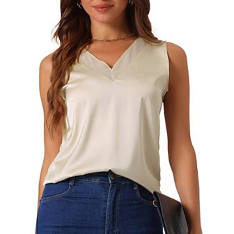Womens Silky Satin Tank Tops Mesh V Neck Casual Sleeveless Blouses Summer Basic Tank Shirt