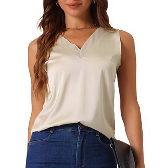 Womens Silky Satin Tank Tops Mesh V Neck Casual Sleeveless Blouses Summer Basic Tank Shirt