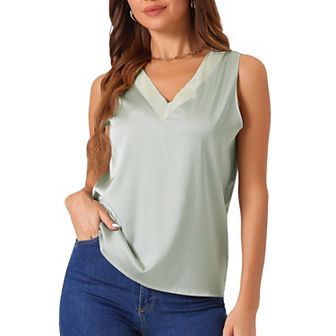 Womens Silky Satin Tank Tops Mesh V Neck Casual Sleeveless Blouses Summer Basic Tank Shirt