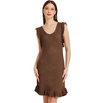 Women's Casual Round Neck Midi Ruffled Knit Dress