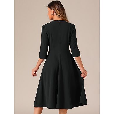 Elegant Work Dress For Women's 3/4 Sleeve Pleated Round Neck Pockets A-line Swing Midi Dress