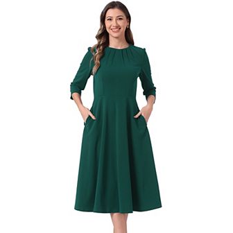 Elegant Work Dress For Women's 3/4 Sleeve Pleated Round Neck Pockets A-line Swing Midi Dress