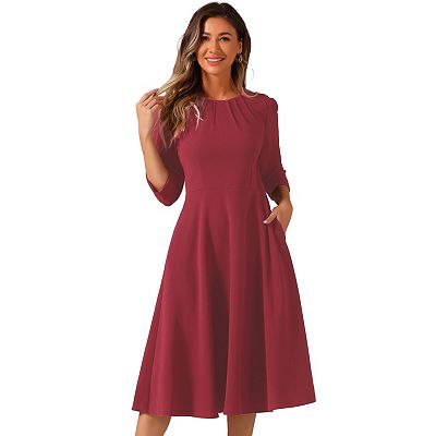 Elegant Work Dress For Women s 3 4 Sleeve Pleated Round Neck Pockets A line Swing Midi Dress