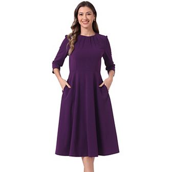 Elegant Work Dress For Women's 3/4 Sleeve Pleated Round Neck Pockets A-line Swing Midi Dress